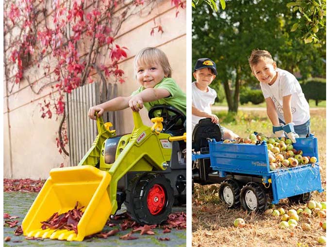 Vybavení šlapacího traktoru čelním nakladačem nebo přívěsem udělá z Vašeho dítěte malého pomocníka