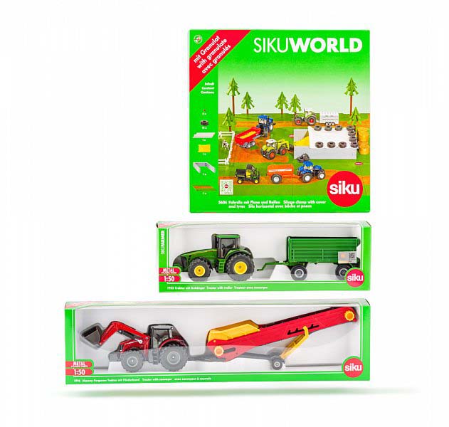 Siku-Farmářský set Traktor John Deere s vlekem + Traktor s dopravníkem +Siláž měřítko 1:50