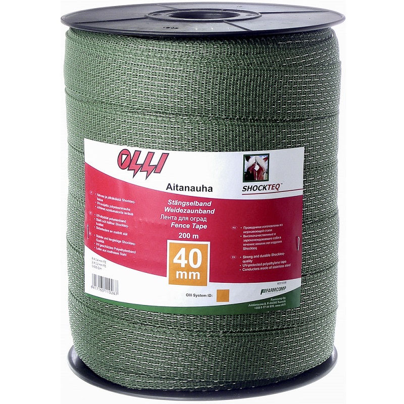 Zelená ohradníková páska SHOCKTEQ OLLI 40 mm/200 m vyztužené okraje odpor 0,48 Ohm/m