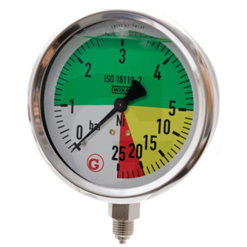 Glycerinový tlakoměr, manometr Wika přípoj 1/4" spodní průměr 100 mm pro postřikovače 0-25