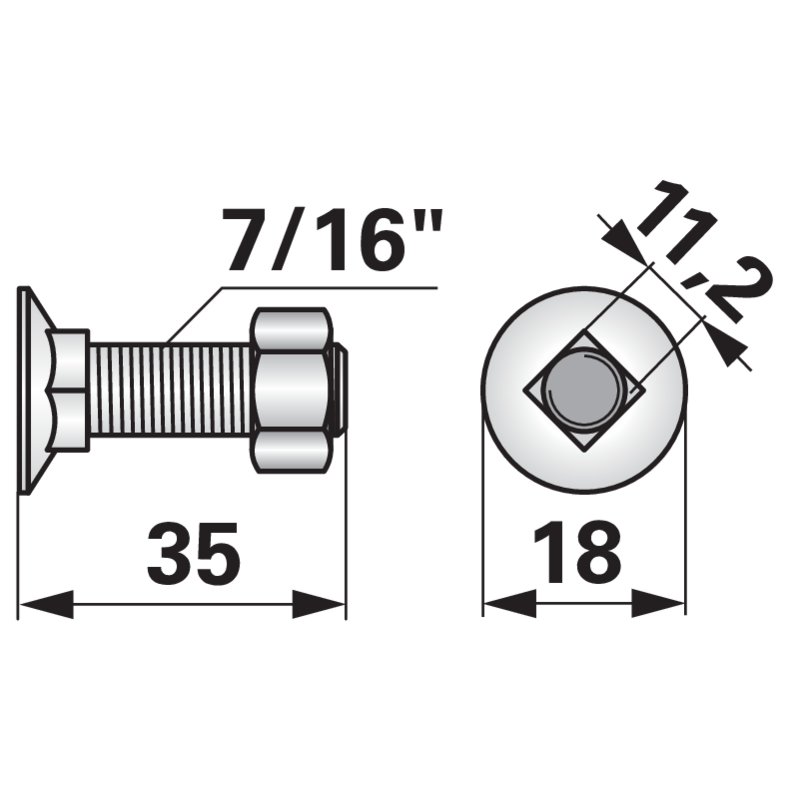 Pluhový šroub s maticí čtyřhran 7/16″ x 35 mm 8.8 na pluh Kverneland 10 ks