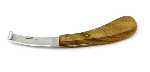 Kopytní nůž Horner Shearing velký pravý z nerezové oceli, dřevěná rukojeť na paznehty
