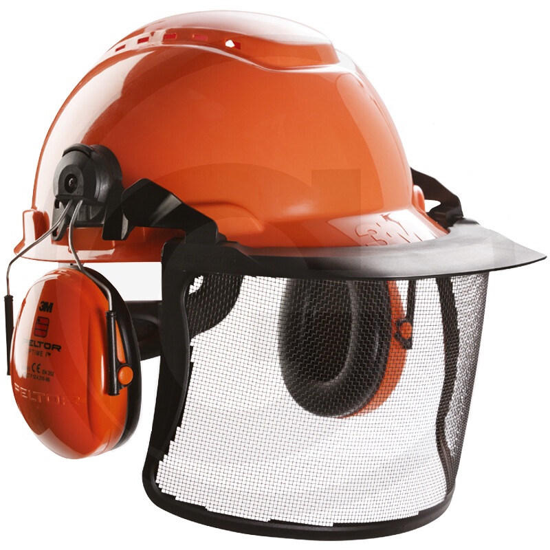 Dřevorubecká helma Granit Comfort v kombinaci se sluchátky a ochraným štítem Designet 3M