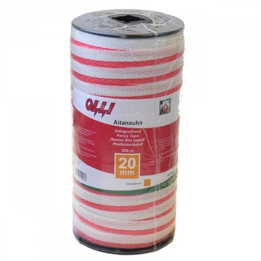 Červeno-bílá ohradníková páska OLLI 20 mm/200 m odpor 0,91 Ohm/m