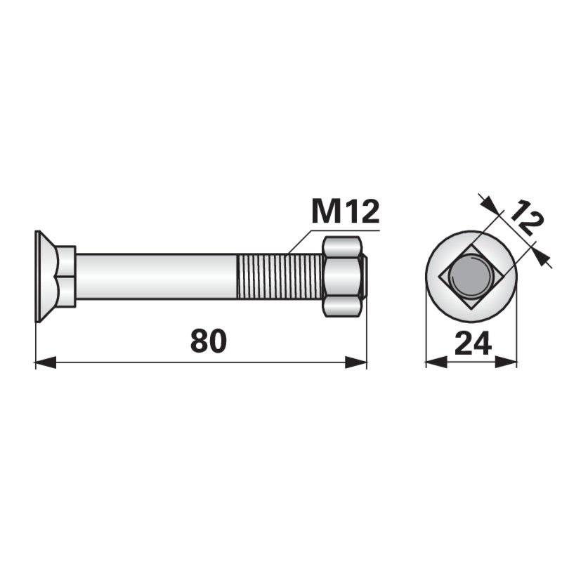 Pluhový šroub s maticí M12 x 80 12.9 10ks na pluhy Vogel a Noot balení 10 ks