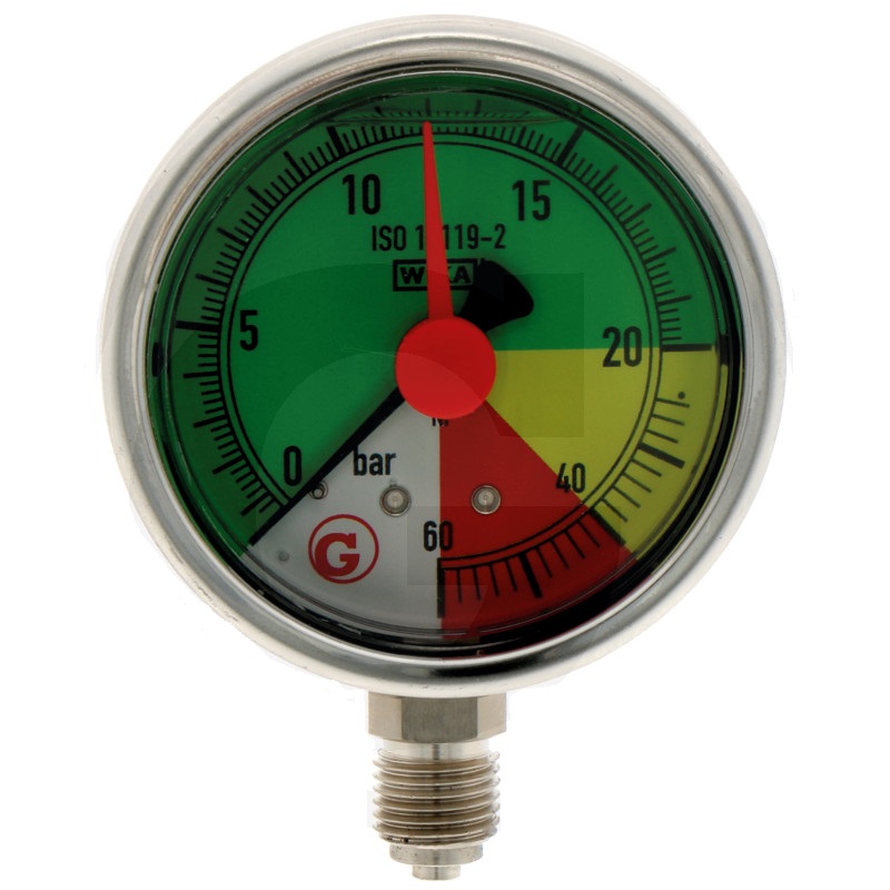 Glycerinový tlakoměr, manometr Wika přípoj 1/4″ spodní průměr 63 mm pro postřikovače 0-60