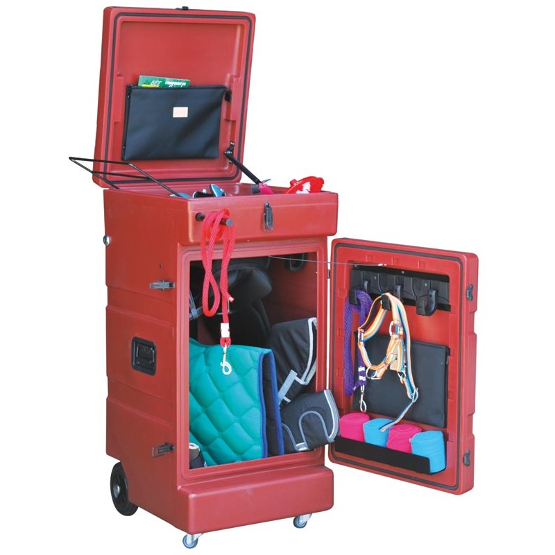 Plastový box na vybavení pro koně na soutěže La GÉE Premium červený vertikální s kolečky
