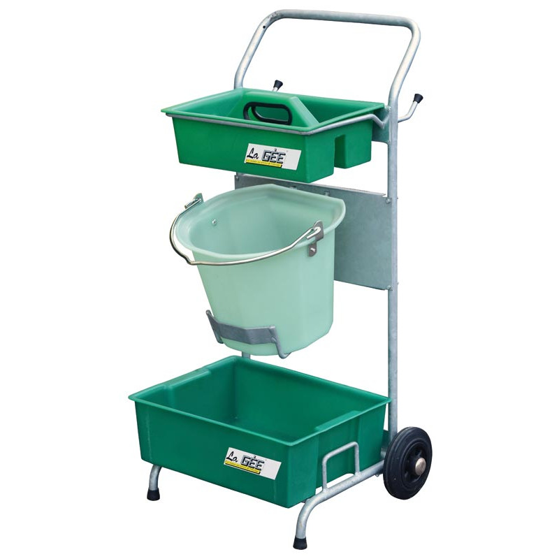 Pojízdný vozík na kbelík a čistící a hygienické potřeby La GÉE do dojírny