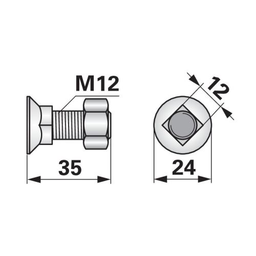 Pluhový šroub s maticí čtyřhran M12 x 35 mm 10.9 na pluh Ross Roudnice, Kverneland 10 ks