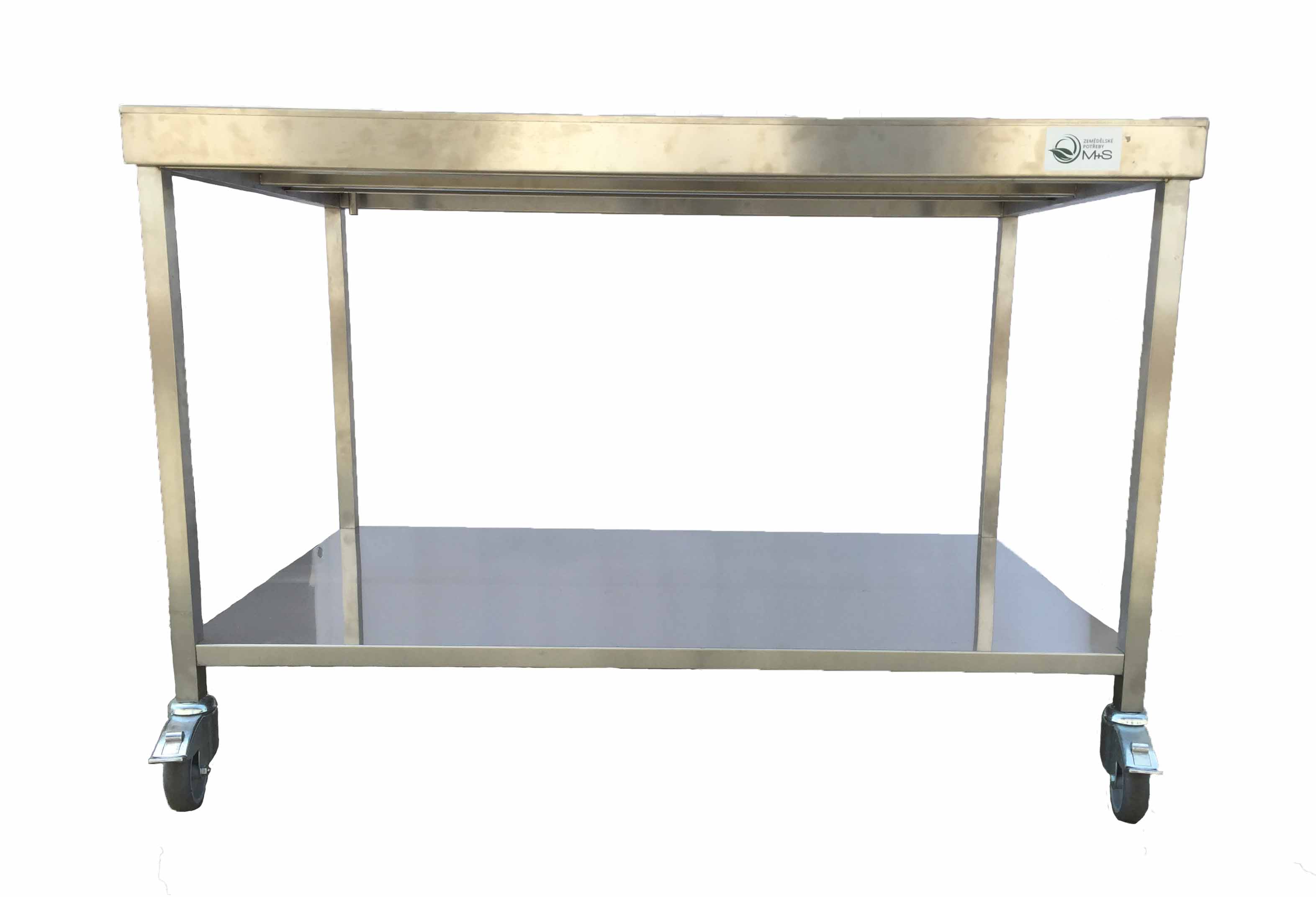 Nerezový sýrařský stůl s odtokem, policí a pojezdem 130 x 80 x 85 mm – výstavní kus