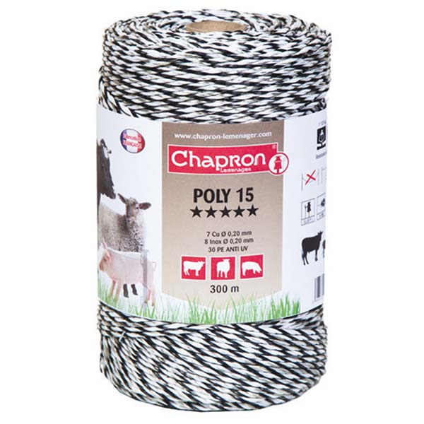 Ohradníkové lanko Chapron POLY 15 2,5 mm/300 m černo-bílé polyetylénové odpor 0,09 Ohm/m