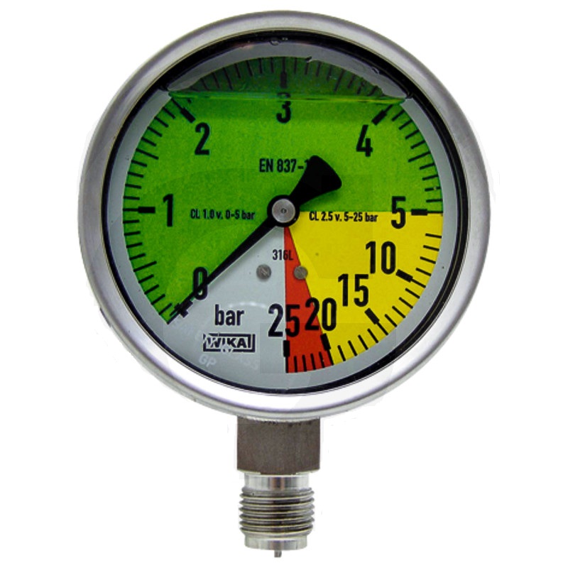Glycerinový tlakoměr, manometr Wika přípoj 1/2″ spodní průměr 100 mm pro postřikovače 0-25