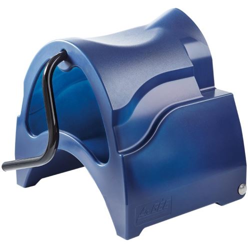 Pojízdný plastový držák na sedlo s rukojetí a přihrádkou na příslušenství, barva modrá